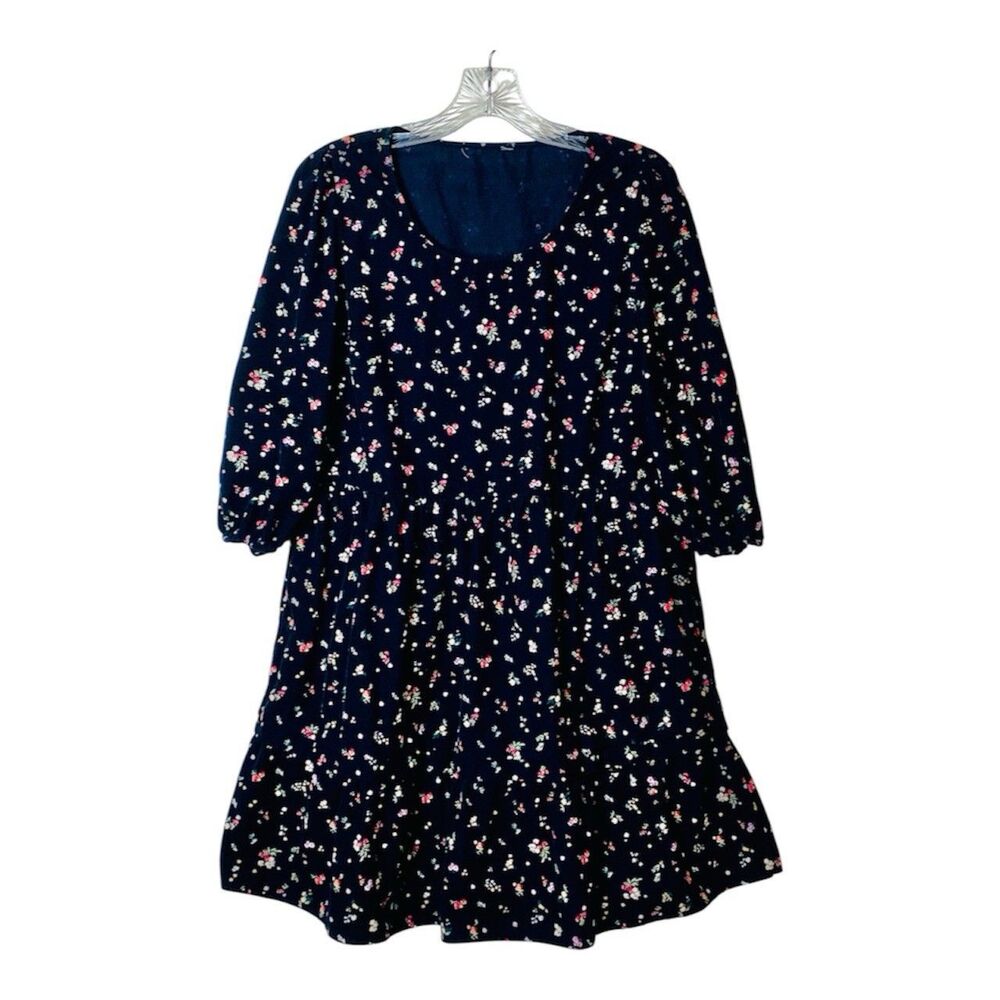 Time And Tru Mini Dress Black Ditsy Floral Fine Wale Corduroy Coquette Size M